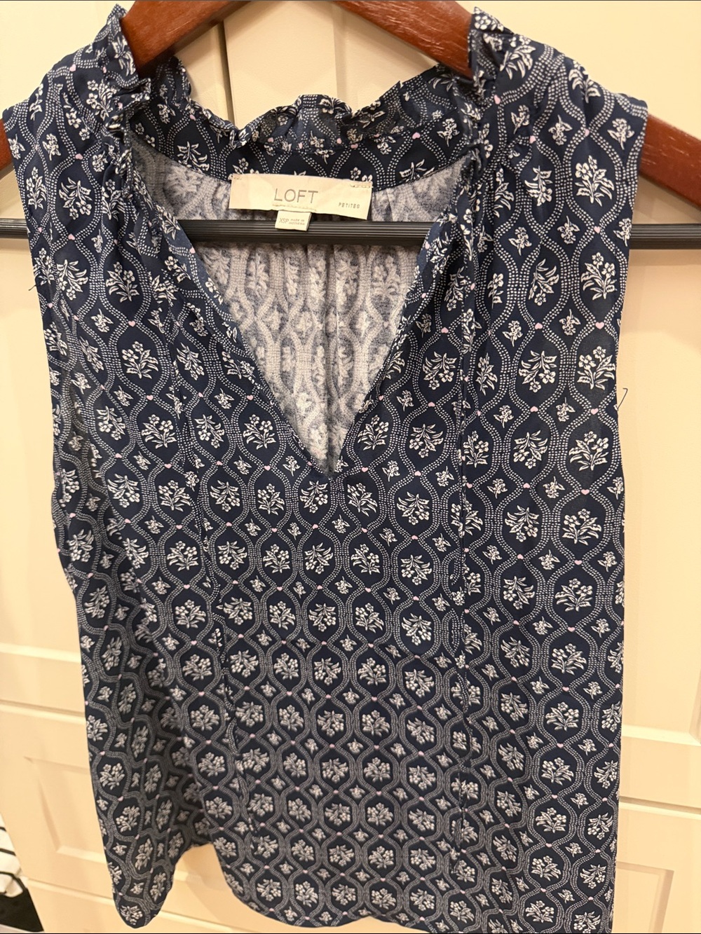 LOFT Navy Blue Printed Sleeveless V-Neck Ruffle Trim Top